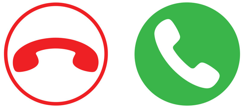 Phone call icons set, accept and decline actions, green and red telephone symbols, incoming outgoing call interface vector illustration