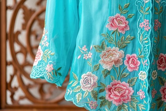 Close up of intricate embroidery on Nyonya Kebaya blouse
