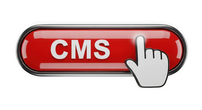 A red button labeled cms with a hand icon pointing at it isolated on transparent background