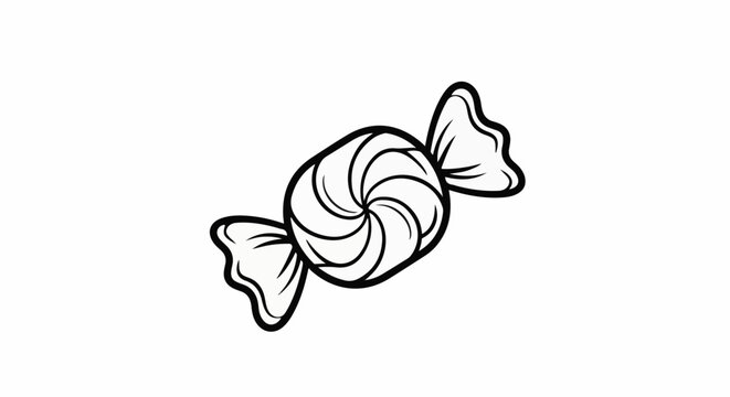 A simple black and white outline drawing of a wrapped candy with twisted paper ends