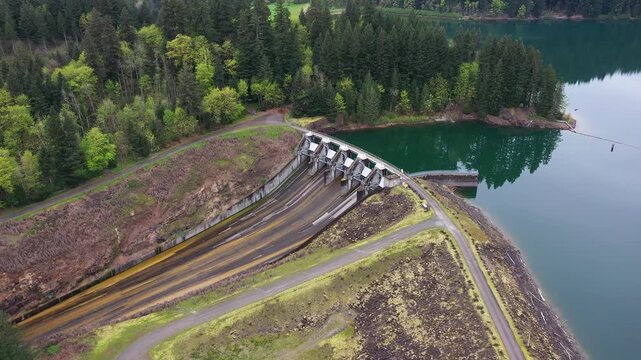 4K aerial drone footage of Yale Lake dam and hydroelectric power plant on the Lewis River in Washington, USA. Wide view of reservoir, forested hills and flowing water in Pacific Northwest landscape