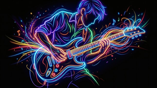 Vibrant Neon Line Art Illustration of a Guitarist Playing Electric Guitar on Black Background.