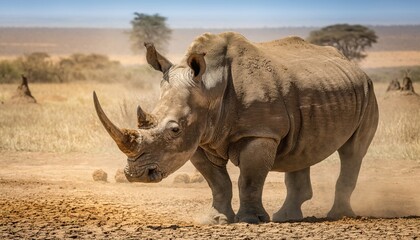 Obraz premium Majestic White Rhinoceros Walking Across Dry African Savanna During Daytime