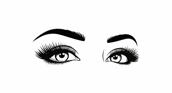 A close-up black and white graphic illustration of two open eyes with dramatic eyelashes