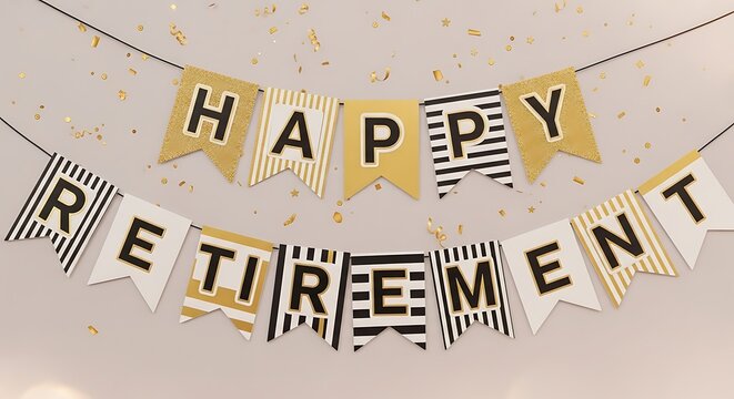 Elegant 'Happy Retirement' banner with gold and black striped letters, sparkling confetti, symbolizing a joyful farewell and new beginnings.