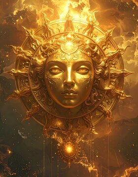 A glowing golden sun with a human-like face surrounded by flames