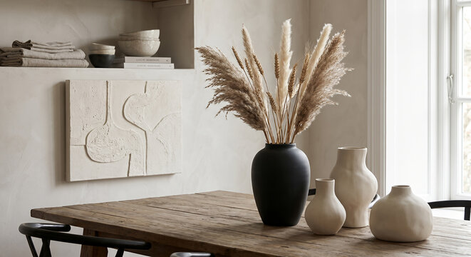 A minimalist dining room features a rustic wooden table adorned with a collection of neutral-toned vases, including a large black vase filled with dried pampas grass and wheat stalks. 