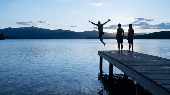 Happy friends enjoying sunset by lake with mountains in background