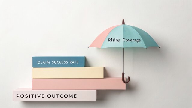 Colorful umbrella with text Rising Coverage over pastel blocks representing positive outcome and claim success rate on white background