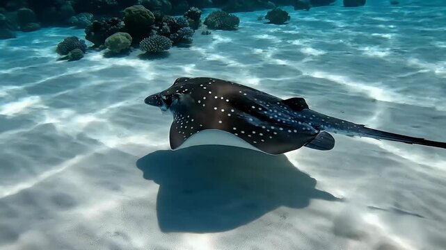 A spotted eagle ray gracefully glides through the clear, turquoise waters of the ocean.