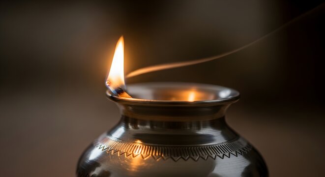 Close-up of a traditional Indian metal oil lamp (diya) with a bright flame