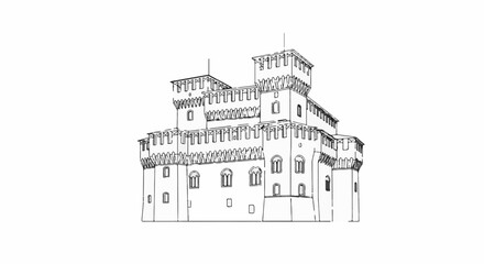 Obraz premium A detailed sketch of a historic fortress with multiple towers and battlements