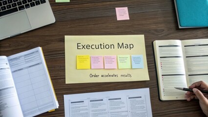 Obraz premium Detailed Execution Map with Sticky Notes, Organized Papers, and a Laptop on a Wooden Desk for Project Planning and Efficient Workflow Management
