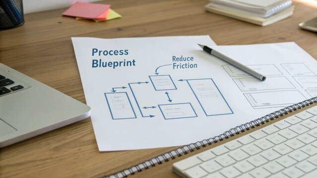 Detailed process blueprint design with diagrams and annotations on a wooden desk featuring a laptop and stationery items for efficient planning