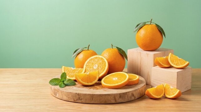 Fresh whole and sliced oranges on a wooden board with mint leaves and geometric blocks against a green background.