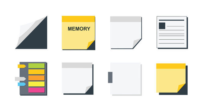Assorted sticky notes, paper scraps, and memo pads in yellow, white, and gray are arranged on a clean white background.