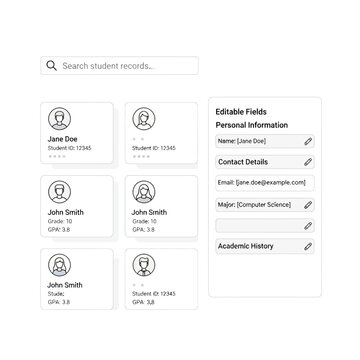 Student record templates, editable fields, personal information forms, academic history pages, vector