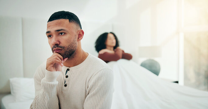 Couple, fight and man with thinking on bed for disagreement, silent treatment or infidelity. Insomnia, people or contemplating marriage in home for cheating, emotional distance or unresolved conflict