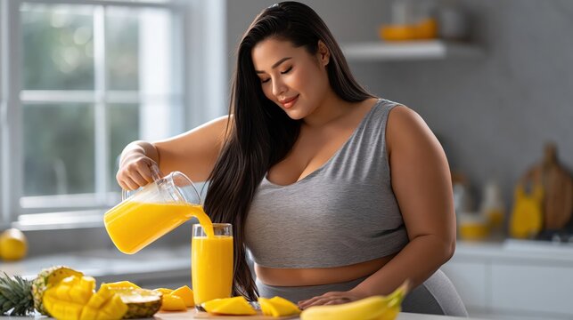 Smiling Hispanic plus size female with long dark hair pouring yellow fruit juice into a glass, standing by a kitchen counter with fresh mangoes and pineapples.