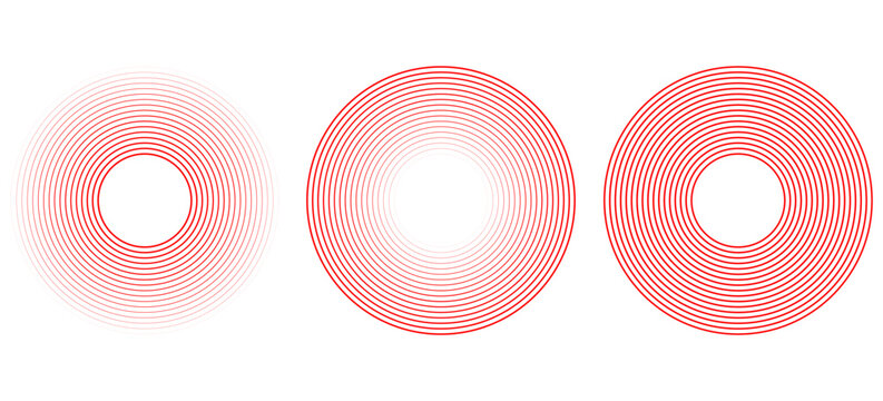 Pain red circles. Pain localization sign and pain pointings. Red rings. Sonar waves. Set of radar icons. Symbols for medical design. Vector illustration.