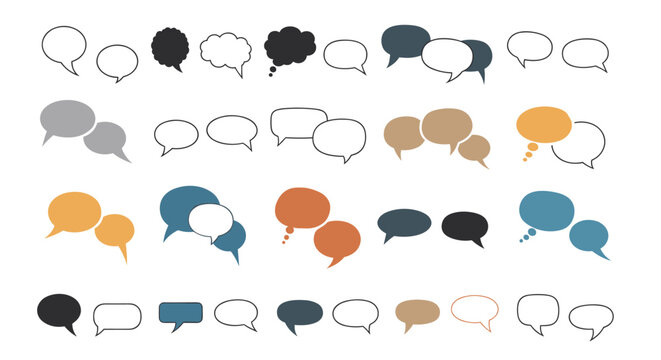 Set of various speech and thought bubbles in different colors and shapes illustrates communication, dialogue, social media, and ideas.