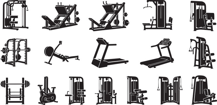 Gym equipment icons, fitness machines, workout gear, exercise devices, 20 black silhouette graphics