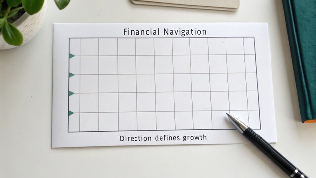 Financial Navigation Chart for Tracking Growth and Progress Tracking in Professional or Personal Financial Goals and Investments with Pen and Notebook
