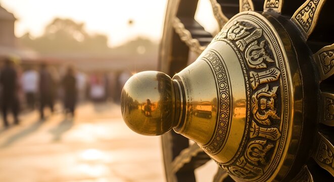 Close-up of golden ornate chariot wheel detail during Rath Yatra festival Puri