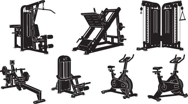 Gym equipment icons, fitness machines, workout gear, exercise devices, black and white vector set