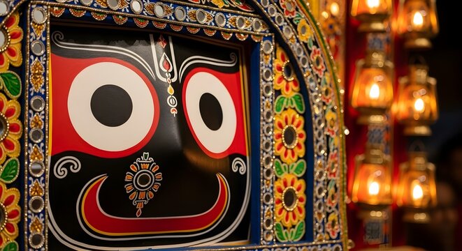 Close-up of Lord Jagannath Deity Face for Rath Yatra Festival with Decorative Mirrors and Glowing Lamps in Puri