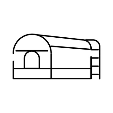 Quonset hut line icon depicting a semicircular corrugated metal shelter or storage structure, simple vector outline for web, app, infographic, or ui use