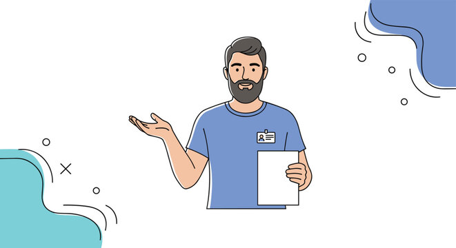 Professional man with a beard wearing a name tag holds a document and gestures with his hand to explain a concept or give a presentation.