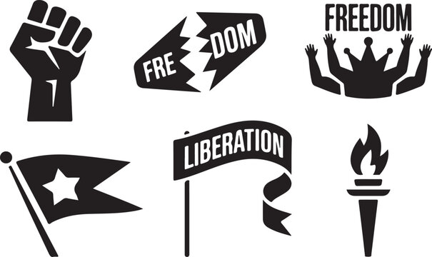 Revolution and liberation symbol set vector illustration with fist flag and broken chains. Protest Symbols Black and White Illustration