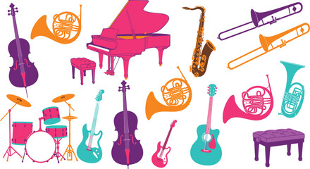 Colorful Musical Instruments Collection Featuring Piano, Guitar, Violin, Drum, Saxophone, Trombone, and Brass Instruments in Modern Flat Design Style for Music Projects. © Nasima