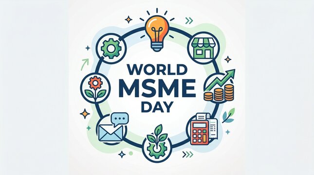 World MSME day business support concept illustration showing innovation finance retail communication and growth cycle for micro small and medium enterprises banner