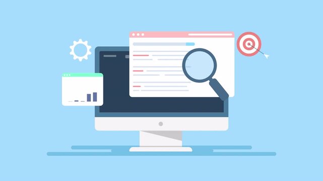 SEO for business. SEO traffic analysis. Seo tools on business computer improve online visibility. Suitable for digital marketing, seo experts, and website development. 2d animation.
