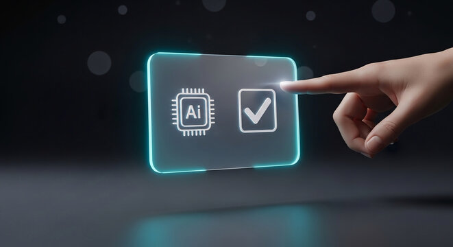 Futuristic interface for artificial intelligence validation; a hand confirms AI system integrity and smart technology approval on a glowing screen