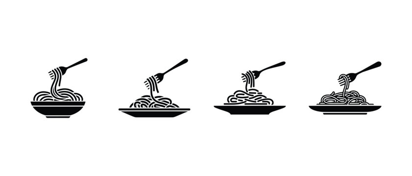 Black and white vector icons of pasta with fork on plate isolated on white background