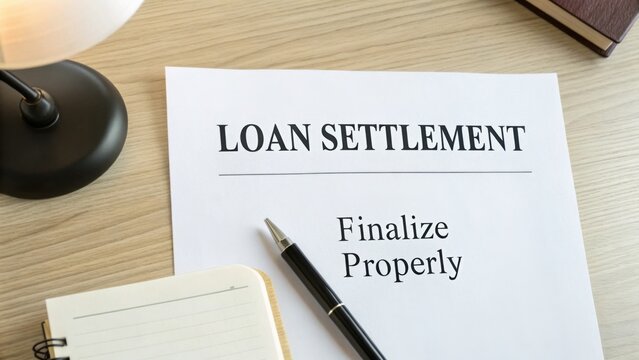 Loan Settlement Document on Table with Pen, Notes, and Table Lamp for Financial Transaction and Agreement Finalization Process