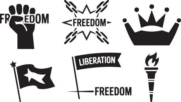Revolution and liberation symbol set vector illustration with fist flag and broken chains. Protest Symbols Black and White Illustration