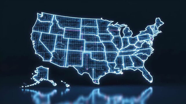A futuristic, glowing neon map of the United States is displayed against a dark background.