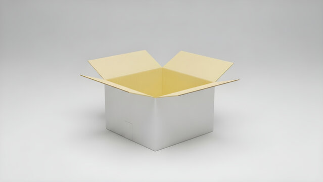 An open cardboard box sits on a plain surface indoors.