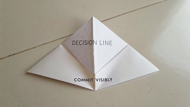 Paper origami figure with motivational text decision line and commit visibly, symbolizing choices and commitment in personal or professional life