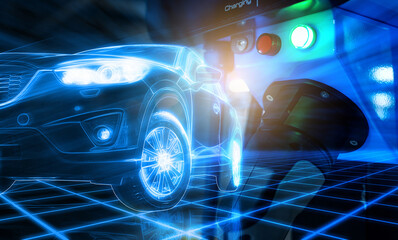 Obraz premium EV car and electric car charging station in a futuristic vehicle concept. EV car charging point at parking lot. Electric vehicle fast charge. Sustainable power. Green energy. Future transportation.