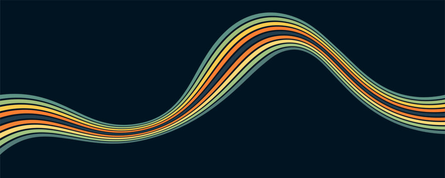 Abstract colorful 70s background vector. Vintage retro wallpaper with rainbow stripes and wavy lines. A 1970 color illustration suitable for posters, banners, decorative items and wall art.eps,10