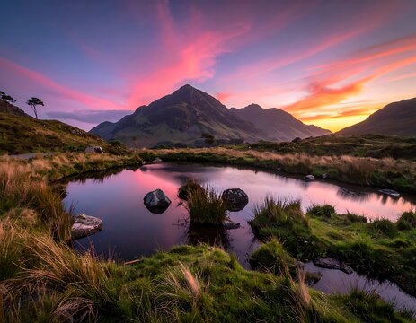A serene mountain lake at sunset with vibrant sky