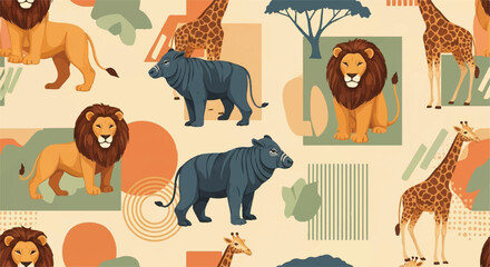 Safari animal pattern lions giraffes and rhinos in artistic design © Arisa