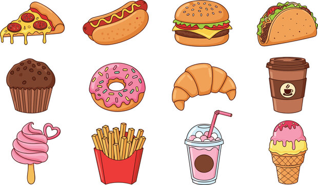 Fast Food and Dessert Icons Set with Pizza Hotdog Burger Taco Donut Croissant Coffee Fries Milkshake Ice Cream and Sweet Snacks Illustration.