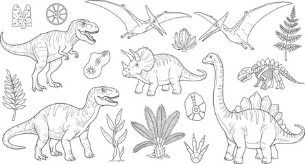 Hand-Drawn Dinosaur Collection Featuring Tyrannosaurus, Triceratops, Brachiosaurus, Pterodactyl, Stegosaurus, and Prehistoric Plants for Jurassic and Fossil Designs © MstRoksana
