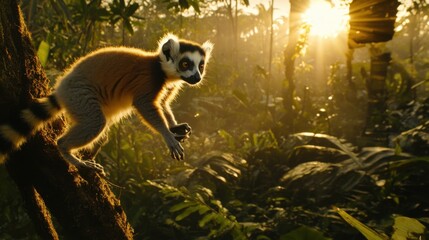 Fototapeta premium Curious Lemur Exploring a Lush Forest at Sunrise in Nature